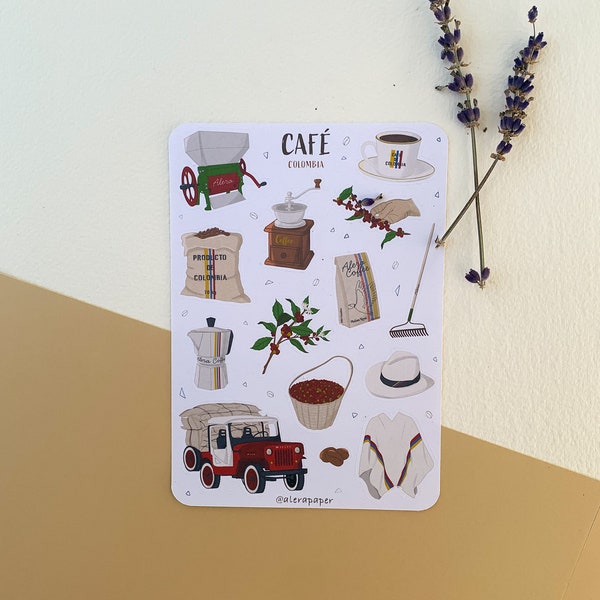 Café (Coffee) - Colombia - Sticker Sheet | Planner Stickers, Scrapbook Stickers, Bullet Journal Stickers, Holiday Stickers, Festive Stickers