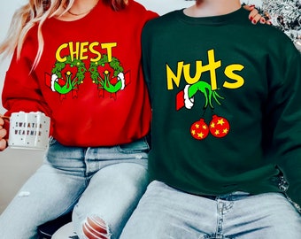 Chest Nuts Couples Matching Sweatshirts, Christmas Humor, Family Holiday Hoodie, Funny Saying, Couple Sweater, Christmas Party Grinch Shirts
