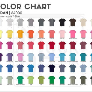 May include: A Gildan 64000 Softstyle adult t-shirt color chart displaying a grid of 60 small t-shirt icons in various shades including white, grey, black, brown, yellow, orange, pink, red, purple, blue, and green, with text labels for each color.