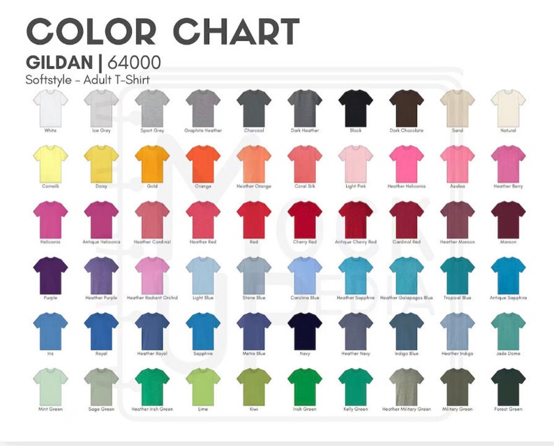 May include: A Gildan 64000 Softstyle adult t-shirt color chart displaying a grid of 60 small t-shirt icons in various shades including white, grey, black, brown, yellow, orange, pink, red, purple, blue, and green, with text labels for each color.