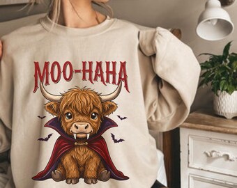 Maglietta Mucca Moo Haha, Maglietta Mucca Highland di Halloween, Maglietta di Halloween Cutr, Stagione Spettrale per Amanti dei Libri, Regalo Accogliente per Lettori Autunnali, Maglietta Gotica