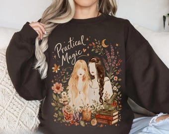 Maglione magico pratico, maglietta da strega per lei, regalo retrò di Halloween, regalo per la stagione spettrale, regalo da strega, felpa oversize vintage da film,