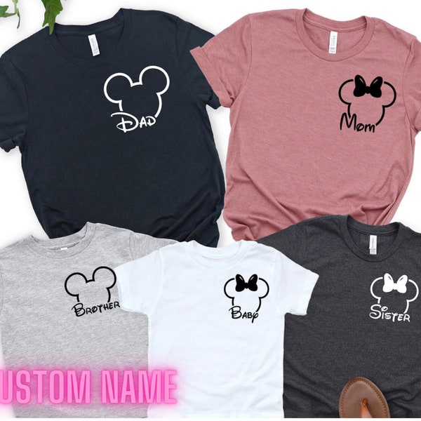 Chemises famille Disney, chemise à poche Mickey et Minnie, chemises famille Disneyworld, chemises voyage de vacances Disney personnalisées, chemise personnalisée Disneyland