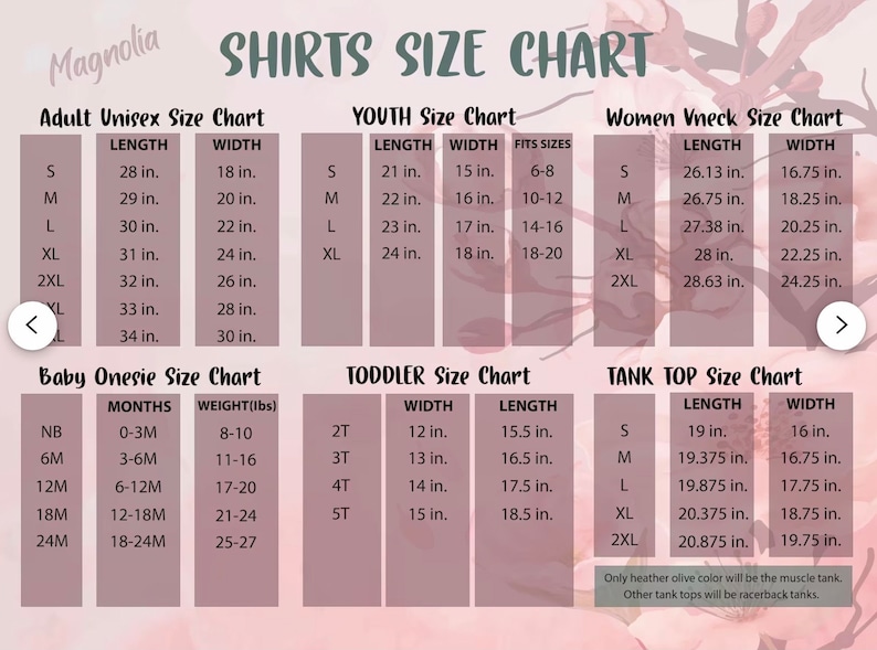 May include: A Magnolia brand shirts size chart featuring tables for adult unisex, youth, women's v-neck, baby onesie, toddler, and tank top sizes. The chart displays length, width, months, weight in lbs, and fit sizes in inches on a floral background.
