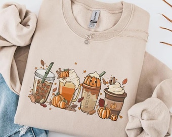Suéter de café de otoño, camisa de café, especia de calabaza, café con leche con especias de calabaza, cuello redondo de otoño, camisa de otoño, suéter de Halloween para mujer, suéter vintage de Halloween