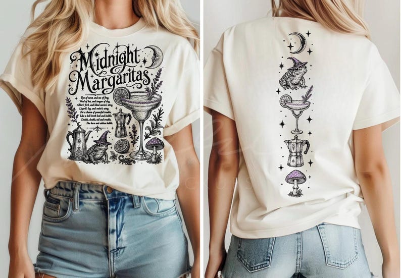 May include: A cream-colored t-shirt featuring black ink illustrations. The front displays the text Midnight Margaritas with a margarita glass, a toad in a witch hat, a coffee pot, and a mushroom. The back shows a vertical arrangement of these icons.