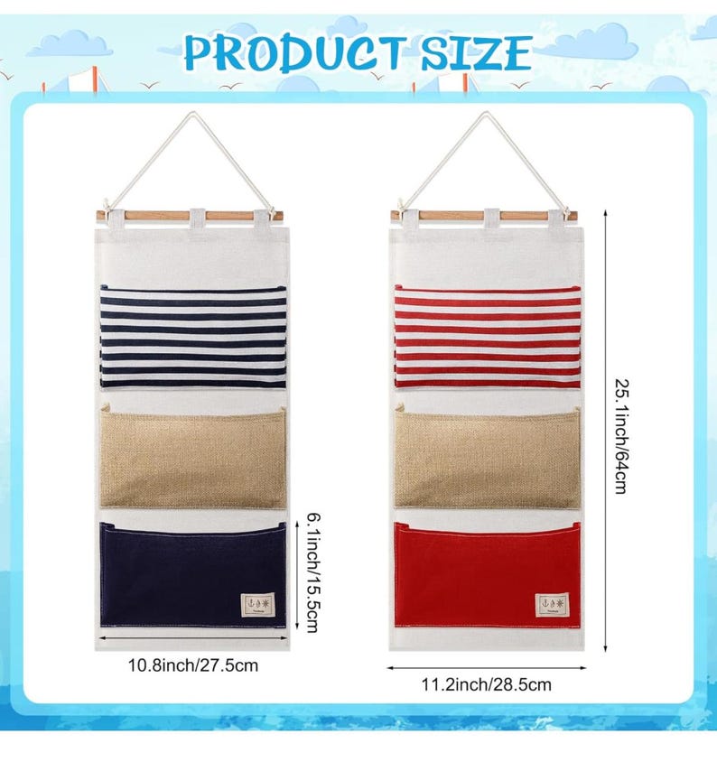 May include: Two wall-mounted storage organizers with three pockets each. The organizer on the left has blue and white striped fabric, beige burlap fabric, and dark blue fabric. The organizer on the right has red and white striped fabric, beige burlap fabric, and red fabric. Both organizers measure 25.1 inches tall, 10.8 inches wide, and 6.1 inches deep.