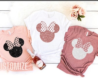 Maglietta con orecchie di Minnie, maglietta Disney, glitter nero, maglietta di Minnie, maglietta con orecchie carine, maglietta Disney da donna, maglietta con orecchie Disney, magliette Disney abbinate
