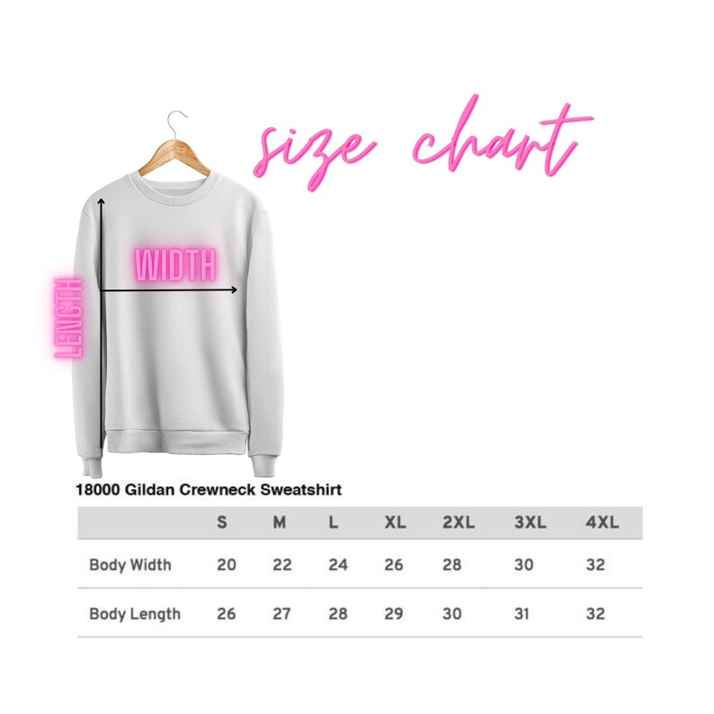 May include: Size chart for a 18000 Gildan crewneck sweatshirt. The chart shows the body width and length in inches for sizes S through 4XL.