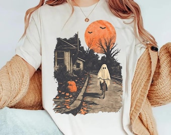 Maglietta gotica con fantasma di Halloween, maglietta spettrale con fantasma in bicicletta, maglietta gotica di Halloween, maglietta vintage di Halloween, maglietta con zucca, maglione spettrale con fantasma