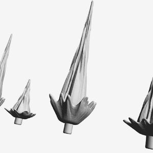 May include: A monochrome image showing four abstract forms, possibly decorative items or stylized flower buds. They have a conical shape with a textured surface and a flared base, each mounted on a cylindrical stem.