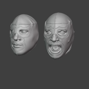 May include: Two gray lucha libre masks are displayed against a gray background. One mask is closed-mouth, the other is open-mouthed, revealing teeth. The masks have eye and mouth openings, and a decorative design around the eyes.