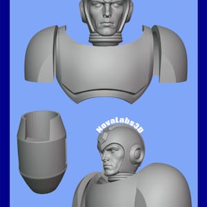 May include: A grey 3D model of a humanoid bust featuring a helmeted head with a realistic face, a chest plate, and shoulder armour. A separate cylindrical arm piece is shown alongside. The text NovaLabs3D is visible on the helmet.