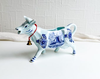 Vintage DBL Delft Blue Cow, pot à lait floral de moulin à vent hollandais, fabriqué aux Pays-Bas, crème en céramique Cottage Core, motif floral bleu