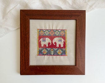 Framed Elephant Embroidery, Colourful Cross Stitch, Needlepoint Picture, Pair of Indian Elephants, Retro Vintage Handmade Needlework