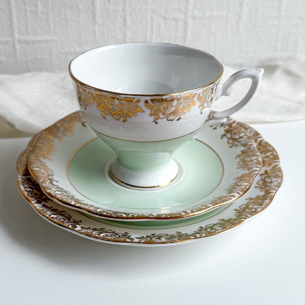 Vintage Royal Standard Tea Cups, Saucers and Side Plates, Mint Green and Floral Gold Pattern Bone China Tea Trio, Coquette Elegant Teacups