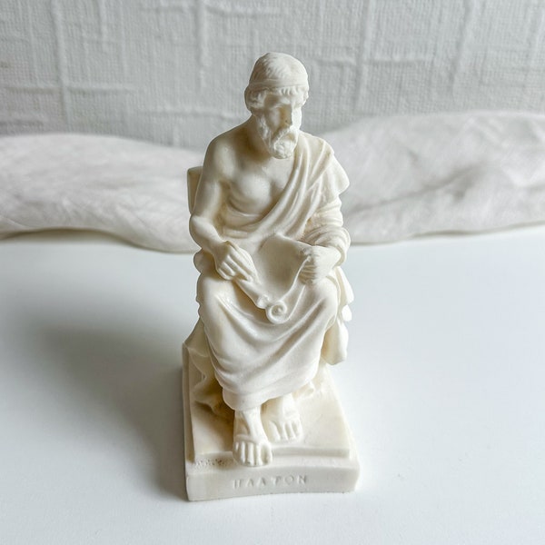 Plato Alabaster Statue, Ancient Greek Philosopher Sculpture, Carved Figure of Plato, Student of Socrates, Vintage White Bust Mantle Decor