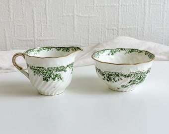 Rare Antique Creamer and Sugar Bowl, Green and White English Porcelain, White and Green Vintage Milk Jug, Floral Pattern, Porcelain w Patina