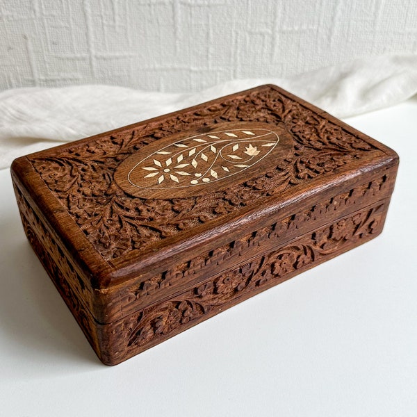 Vintage Carved Wooden Box with Flower Inlay, Wooden Jewellery Trinket Box, Antique Rustic Wood Trinket Box, Handmade Decorative Storage Box
