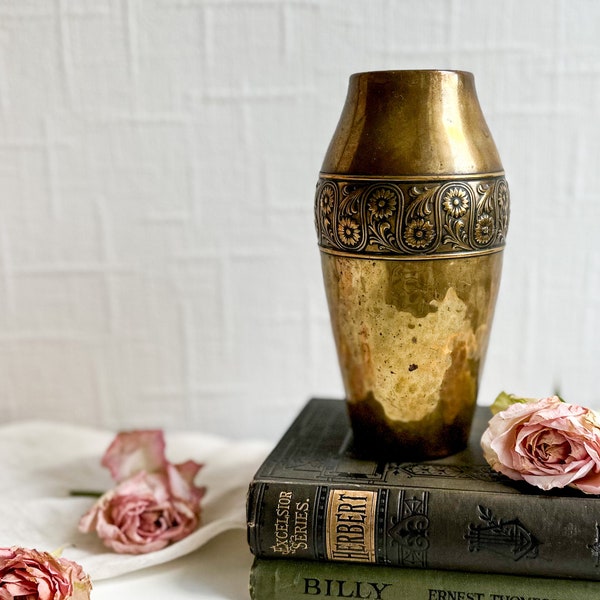 Vintage Solid Brass Vase, Brass Vase with Floral Design, Antique Art Nouveau Hammered Brass Vase, German WMF Metal Vase, Gold Accent Decor