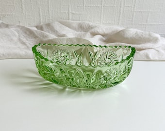 Vintage Art Deco Glass Bowl, Green Sowerby Boat Shape Bowl, Depression Grass, Light Green Bowl with Pinwheel Design Antique Glass Decor
