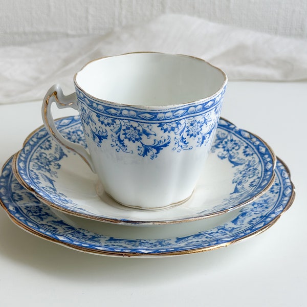 Antique Cups, Saucers and Tea Plates, Vintage Coquette Tea Cups, Blue and White Porcelain, Floral Pattern, Wildblood, Heath and Son