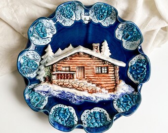 Vintage Blue and White Christmas Winter Scene Decorative Plate