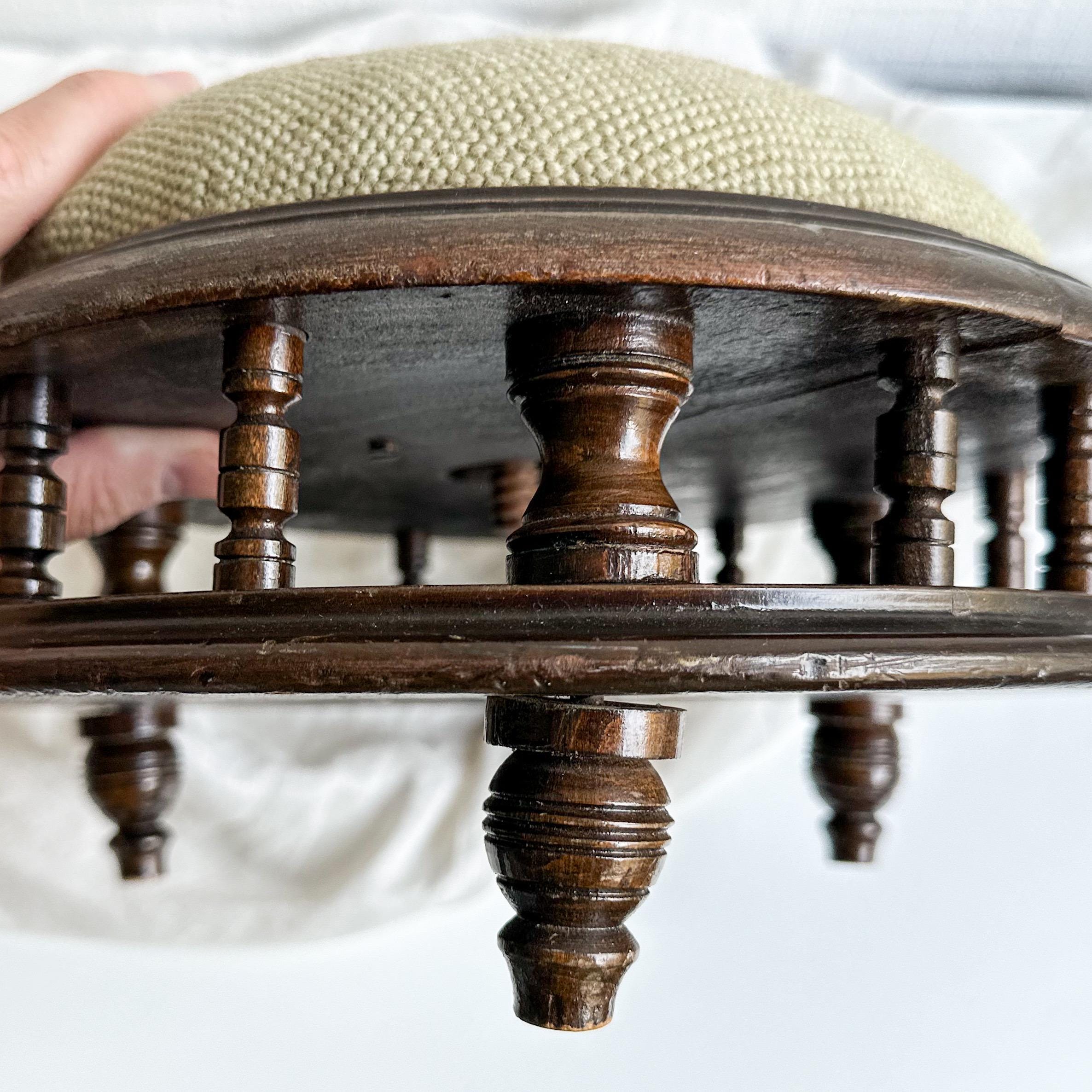Antique Victorian Upholstered Footstool, Round Handmade