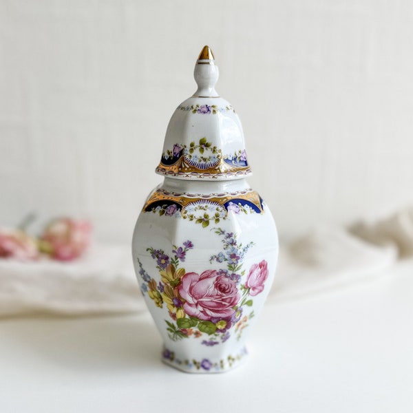 Vintage Lidded Urn Vase, Porcelart Porcelanas Portugal Jar with Lid, T. Limoges, Floral Gold Gilt Urn, Decorative Porcelain Jar