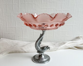 bol en verre vintage sur piédestal, support à gâteau en verre rose Davidson, pruneau de mûres, motif 269, bol en verre antique des années 1930 avec support en métal de poisson