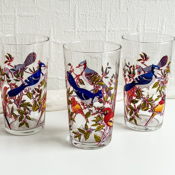 3 gobelets vintage, lot de 3 verres à boire rétro avec motif oiseau, verres à jus Luminarc avec motif geai bleu et roselin, verre français