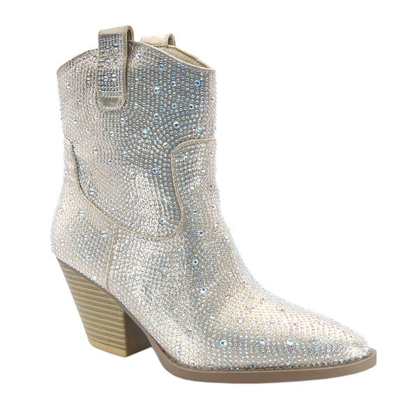 Women Western Cowgirl/Cowboy Pointed Toe Rhinestone Ankle Booties