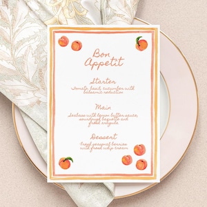 Modèle de menu du dîner illustrations pêche, bordure aquarelle pêche et orange, menu d'été, imprimable, carte de menu de mariage, 5 x 7