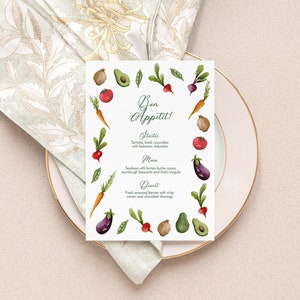 Aquarel groente dinermenu SJABLOON, Veggie illustraties, tuinfeestmenu, uiterlijk van aangepast, afdrukbaar, dinermenu, boerderij tot tafel5x7