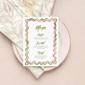 Aquarell Grün und Rosa gewellter Rand Abendkarte VORLAGE, Aquarell Menü, Hochzeit, Druckbares Menü, Hochzeitsmenükarte, 5x7