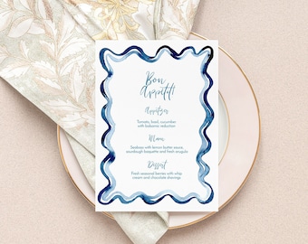 Watercolor Scallop Edge Dinner Menu TEMPLATE, Loopy Watercolor Menu, Blue Watercolour, Modern Wavy, Printable Menu, Wedding Menu Card, 5x7