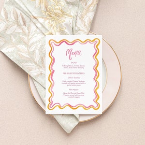 Aquarel coquille rand dinermenu sjabloon, modern golvend menu, sorbet kleur aquarel menu, roze en oranje, afdrukbaar, trouwmenu, 5 x 7
