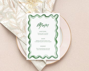 Watercolor Green Squiggle Dinner Menu TEMPLATE, Loopy Watercolor Menu, Sage Watercolour, Modern Wavy, Printable Menu, Wedding Menu Card, 5x7