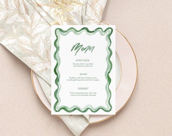 Watercolor Green Squiggle Dinner Menu TEMPLATE, Loopy Watercolor Menu, Sage Watercolour, Modern Wavy, Printable Menu, Wedding Menu Card, 5x7