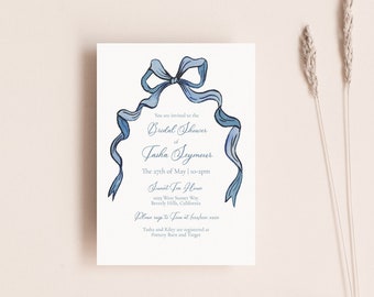 Blue Bow Bridal Shower Invitation, EDITABLE TEMPLATE, Printable, Watercolor Bow Invitation Wedding Shower, Paperless Post, 5x7
