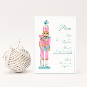 MODELO de menu de jantar de quebra-nozes, menu de festa de fim de ano para impressão, cartão de menu de Natal, quebra-nozes em aquarela rosa e azul-petróleo, 5x7