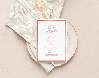 Plantilla de menú de boda en acuarela coral: imprimible (5x7) (descarga digital)