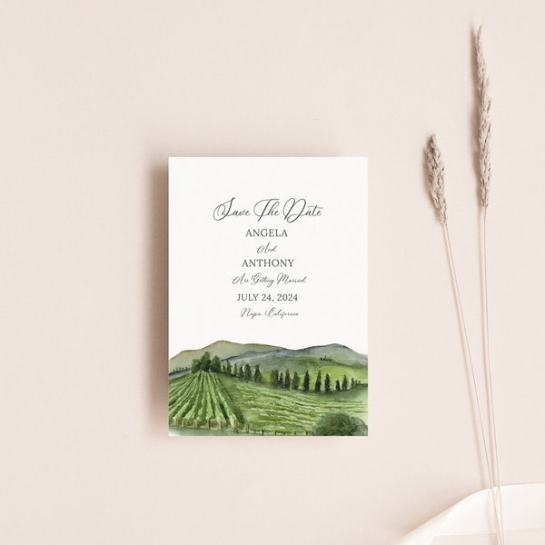 Vineyard Save The Date TEMPLATE, Wine Country Wedding, Winery Wedding, Napa Valley,  Printable, Watercolor Vineyard, Paperless Post, 5x7