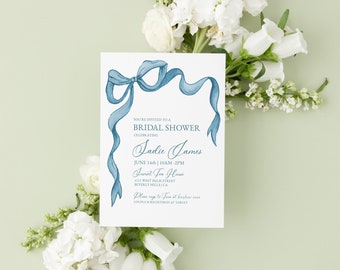 Light Blue Bow Bridal Shower Invitation, EDITABLE TEMPLATE, Printable, Watercolor Bow Invitation Wedding Shower, Paperless Post, 5x7