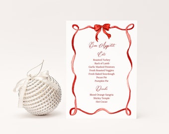 Red Ribbon Christmas Dinner Menu TEMPLATE,  Holiday Dinner Menu Printable, Christmas Menu Card, Watercolor Ribbon Menu, 5x7
