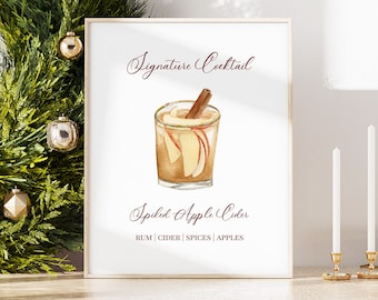 Spiced Cider Signature Cocktail Menu TEMPLATE, Holiday Bar Menu, Apple Cider Watercolor Drink, Christmas Cocktail Menu, Printable Menu, 8x10