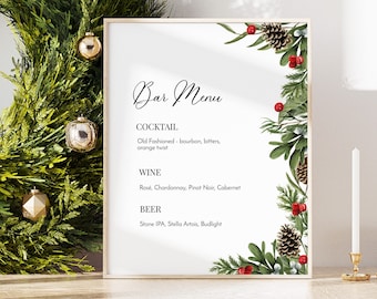 Christmas Themed Bar Menu TEMPLATE,  Printable Christmas Menu, Holiday themed signs, Instant Download, 8x10, 11x14 or 16x20