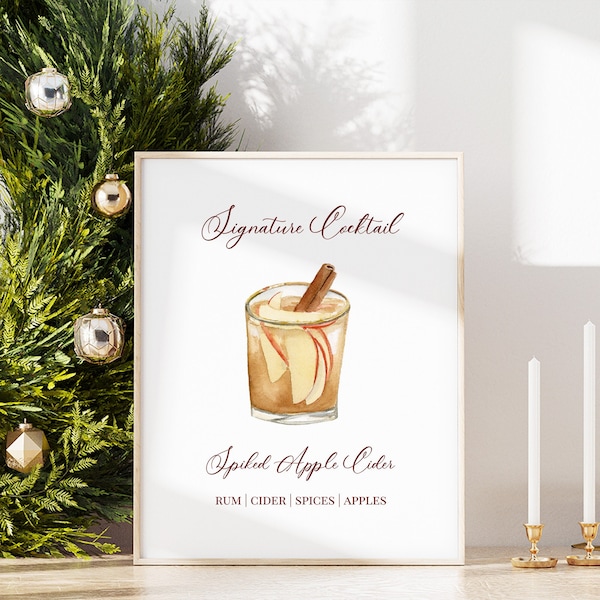 Spiced Cider Signature Cocktail Menu TEMPLATE, Holiday Bar Menu, Apple Cider Watercolor Drink, Christmas Cocktail Menu, Printable Menu, 8x10