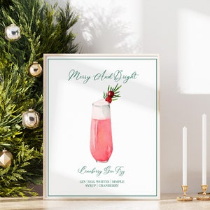 Cranberry Gin Fizz Cocktail TEMPLATE, Printable Holiday Cocktail, Holiday Drink Menu, Gin signature drink, Watercolor Cocktail, 8x10
