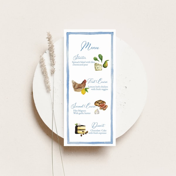 Food Illustration Menu TEMPLATE, Watercolor Dinner Menu, Printable Menu, Watercolor food paintings, Look of Custom, Customizable, 4x9